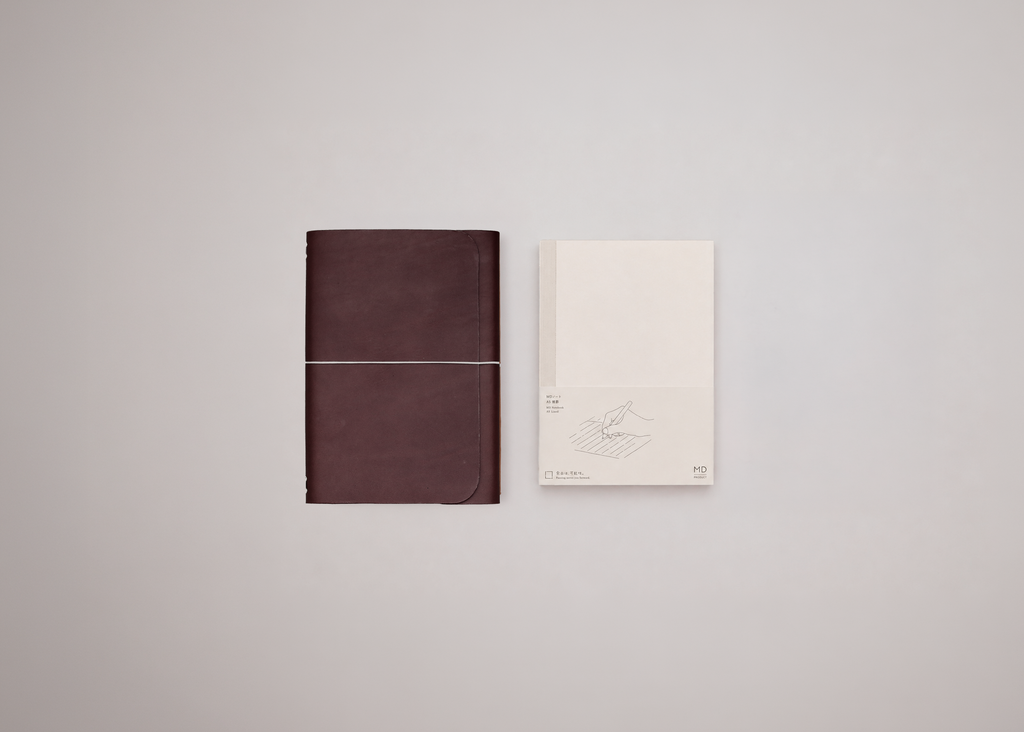 A dark brown leather-bound notebook with a thin elastic band closure placed next to a small white paper notebook insert set against a clean light grey background.