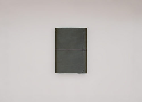 A dark olive green hardcover notebook with a thin elastic band closure, centered against a plain light gray background.