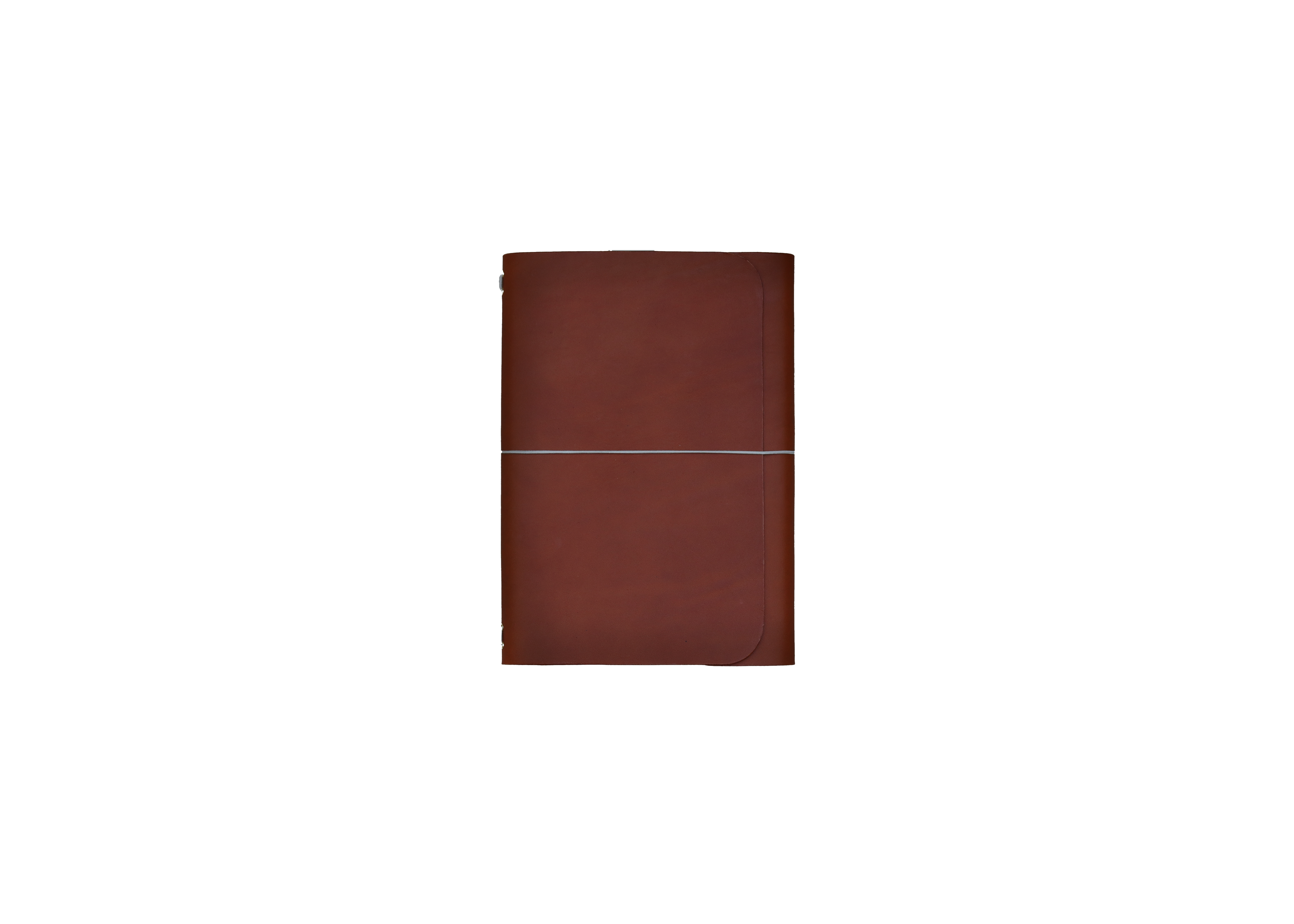 Dark brown leather journal shown with a patina