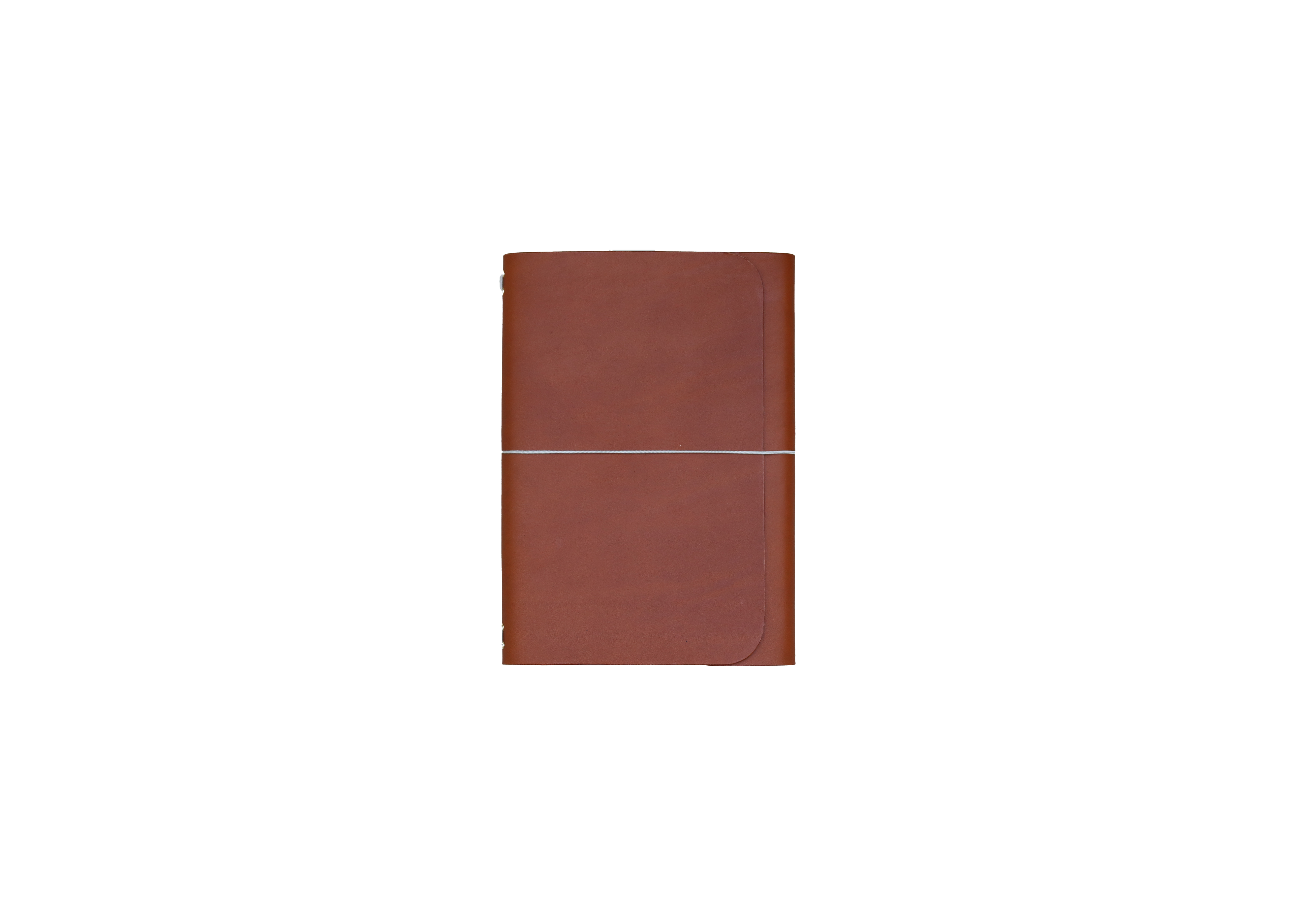 A brown leather journal with a horizontal elastic closure across the front, shown closed against a transparent background.