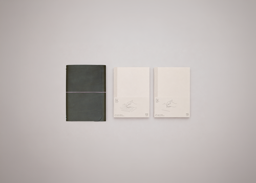 Olive green leather journal next to two white notebooks on a light grey background